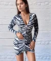 Kadın V Yaka önü Asansör Büzgü Detay Fırsat ürün Zebra Mini Elbise
