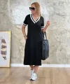 Kadın V Yaka Ribana Detay Midiboy Elbise