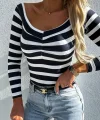 Kadın V Yaka Süprem Kumaş Çizgi Desenli Bluz