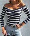 Kadın V Yaka Süprem Kumaş Çizgi Desenli Bluz