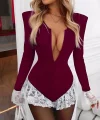 Kadın V Yaka Uzun Kollu Gizli Fermuar Dekolte Ve Dantel Volan Detay Mini şort Tulum