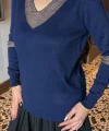 Kadın V Yaka Uzun Kollu Gold Işleme Detay Bluz