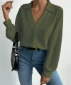 Kadın V Yaka Uzun Kollu Mosskrep Kumaş Bluz
