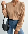 Kadın V Yaka Uzun Kollu Mosskrep Kumaş Bluz