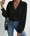 Kadın V Yaka Uzun Kollu Mosskrep Kumaş Bluz