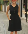 Kadın V Yakalı önden Düğme Detay Beli Lastikli Keten Kısa Elbise
