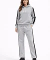 KADIN Yandan Şeritli Eşofman Takım Kapüşonlu Sweatshirt Boru Paça Alt, Oversize 3 Iplik Pamuklu - Gri