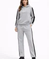 KADIN Yandan Şeritli Eşofman Takım Kapüşonlu Sweatshirt Boru Paça Alt, Oversize 3 iplik Pamuklu - Gri
