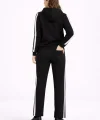 KADIN Yandan Şeritli Eşofman Takım Kapüşonlu Sweatshirt Boru Paça Alt, Oversize 3 iplik Pamuklu - Siyah