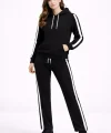 KADIN Yandan Şeritli Eşofman Takım Kapüşonlu Sweatshirt Boru Paça Alt, Oversize 3 iplik Pamuklu - Siyah