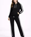 KADIN Yandan Şeritli Eşofman Takım Kapüşonlu Sweatshirt Boru Paça Alt, Oversize 3 Iplik Pamuklu - Siyah