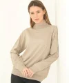 Kadın Yarım Balıkçı Yaka Triko Kazak - Bej