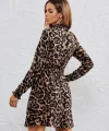 Kadın Yarım Balıkçı Yaka Uzun Kollu Leopar Desen Mini Elbise
