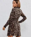 Kadın Yarım Balıkçı Yaka Uzun Kollu Leopar Desen Mini Elbise