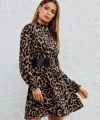 Kadın Yarım Balıkçı Yaka Uzun Kollu Leopar Desen Mini Elbise