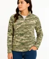 Kadın Yarım Fermuarlı Desenli Polar Sweat – Haki Kamuflaj Yakalı, Uzun Kollu, Oversize Rahat Kalıp - Haki