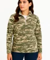 Kadın Yarım Fermuarlı Desenli Polar Sweat – Haki Kamuflaj Yakalı, Uzun Kollu, Oversize Rahat Kalıp - Haki