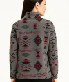 Kadın Yarım Fermuarlı Desenli Polar Sweat Tribal Etnik Desen Yakalı, Uzun Kollu, Oversize Rahat Kalıp - Füme