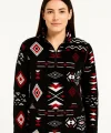Kadın Yarım Fermuarlı Desenli Polar Sweat Tribal Etnik Desen Yakalı, Uzun Kollu, Oversize Rahat Kalıp - Siyah