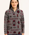 Kadın Yarım Fermuarlı Desenli Polar Sweat Tribal Etnik Desen Yakalı, Uzun Kollu, Oversize Rahat Kalıp - Füme