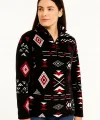 Kadın Yarım Fermuarlı Desenli Polar Sweat Tribal Etnik Desen Yakalı, Uzun Kollu, Oversize Rahat Kalıp - Siyah