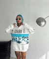 Kadın Yarım Fermuarlı Oversize Baskılı SweatShirt - Beyaz