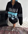 Kadın Yarım Fermuarlı Oversize Baskılı SweatShirt - Siyah