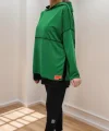 Kadın Yeşil Kapşonlu Etek Ucu Detay Arma Ters Dikiş Gorunumlu Ikili Takım