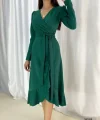 Kadın Yeşil Krep Kumaş idi Boy Kuşaklı Uzunkol Elbise