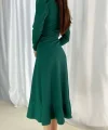 Kadın Yeşil Krep Kumaş idi Boy Kuşaklı Uzunkol Elbise