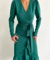 Kadın Yeşil Krep Kumaş idi Boy Kuşaklı Uzunkol Elbise