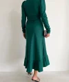 Kadın Yeşil Krep Kumaş idi Boy Kuşaklı Uzunkol Elbise