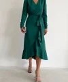 Kadın Yeşil Krep Kumaş idi Boy Kuşaklı Uzunkol Elbise