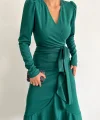 Kadın Yeşil Krep Kumaş idi Boy Kuşaklı Uzunkol Elbise
