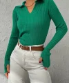 Kadın Yeşil Polo Yaka Parmak Detay Triko Bluz 2047