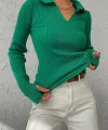 Kadın Yeşil Polo Yaka Parmak Detay Triko Bluz 2047