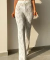 Kadın Yüksek Bel Bağcıklı Desenli Triko Plaj Pantolon