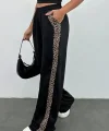 Kadın Yüksek Bel Bağcıklı Yanları Leopar Desenli Viskon Iki Iplik Pantolon