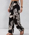 Kadın Yüksek Bel Bağcıklı Yaprak Desenli Süprem Pantolon
