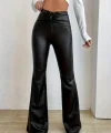 Kadın Yüksek Bel Beli Büzgülü Paçaya Doğru Geniş Deri Pantolon
