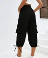 Kadın Yüksek Bel Beli Lastikli Bağcıklı Cepli Kargo Viskon Iki Iplik Pantolon