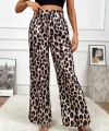 Kadın Yüksek Bel Beli Lastikli Bağcıklı Leopar Desenli Süprem Pantolon