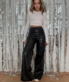 Kadın Yüksek Bel Beli Lastikli Geniş Paçalı Deri Pantolon