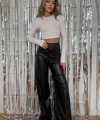 Kadın Yüksek Bel Beli Lastikli Geniş Paçalı Deri Pantolon