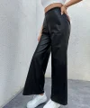 Kadın Yüksek Bel Beli Lastikli Geniş Paçalı Deri Pantolon