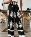 Kadın Yüksek Bel Büzgülü Etnik Desen Baskılı Süprem Pantolon