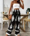 Kadın Yüksek Bel Büzgülü Etnik Desen Baskılı Süprem Pantolon