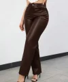 Kadın Yüksek Bel Cepli Deri Pantolon