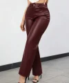 Kadın Yüksek Bel Cepli Deri Pantolon