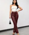 Kadın Yüksek Bel Cepli Deri Pantolon